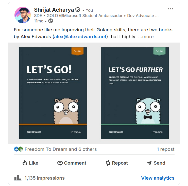 LinkedIn post on golang books
