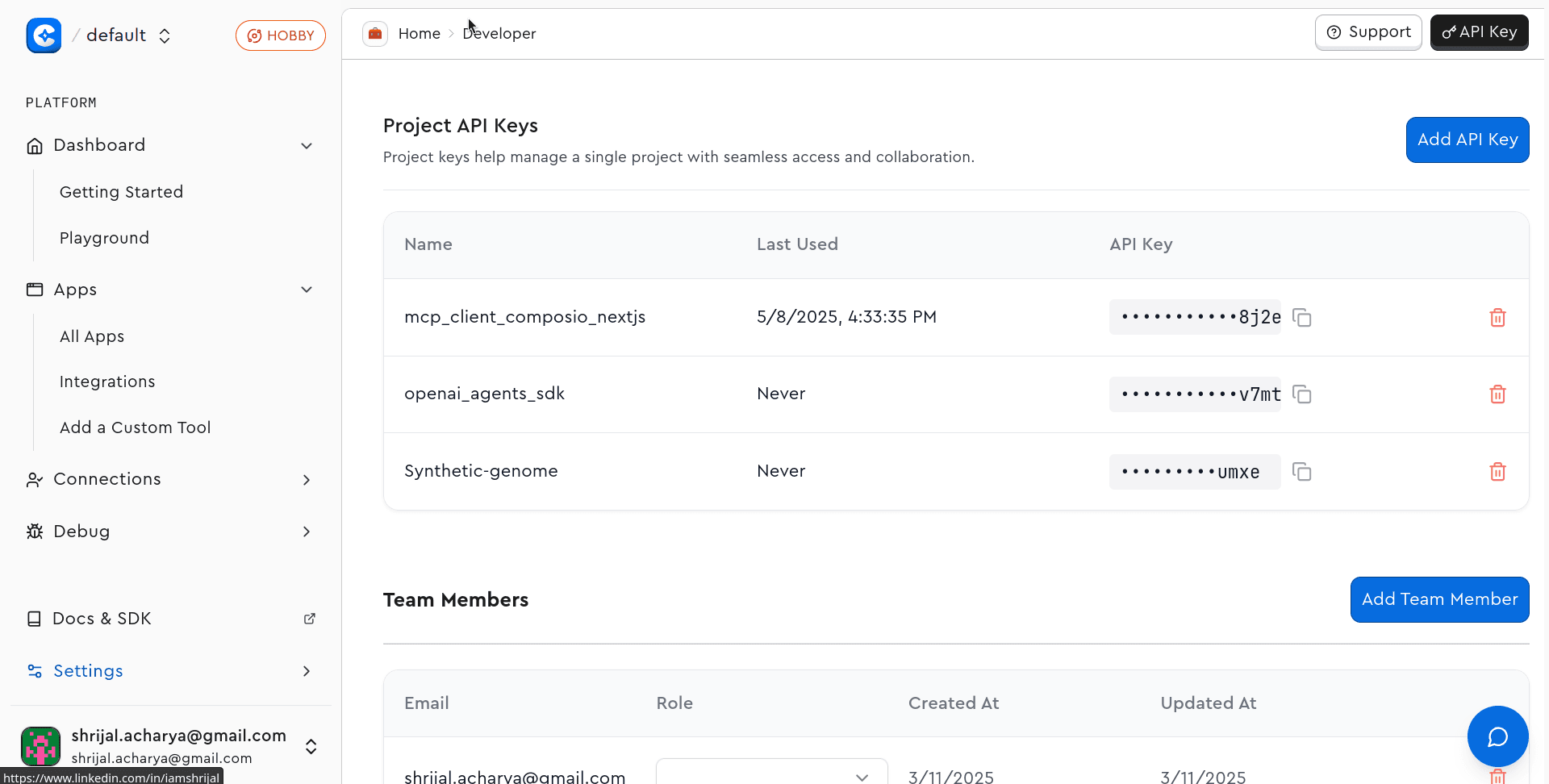 Composio dashboard