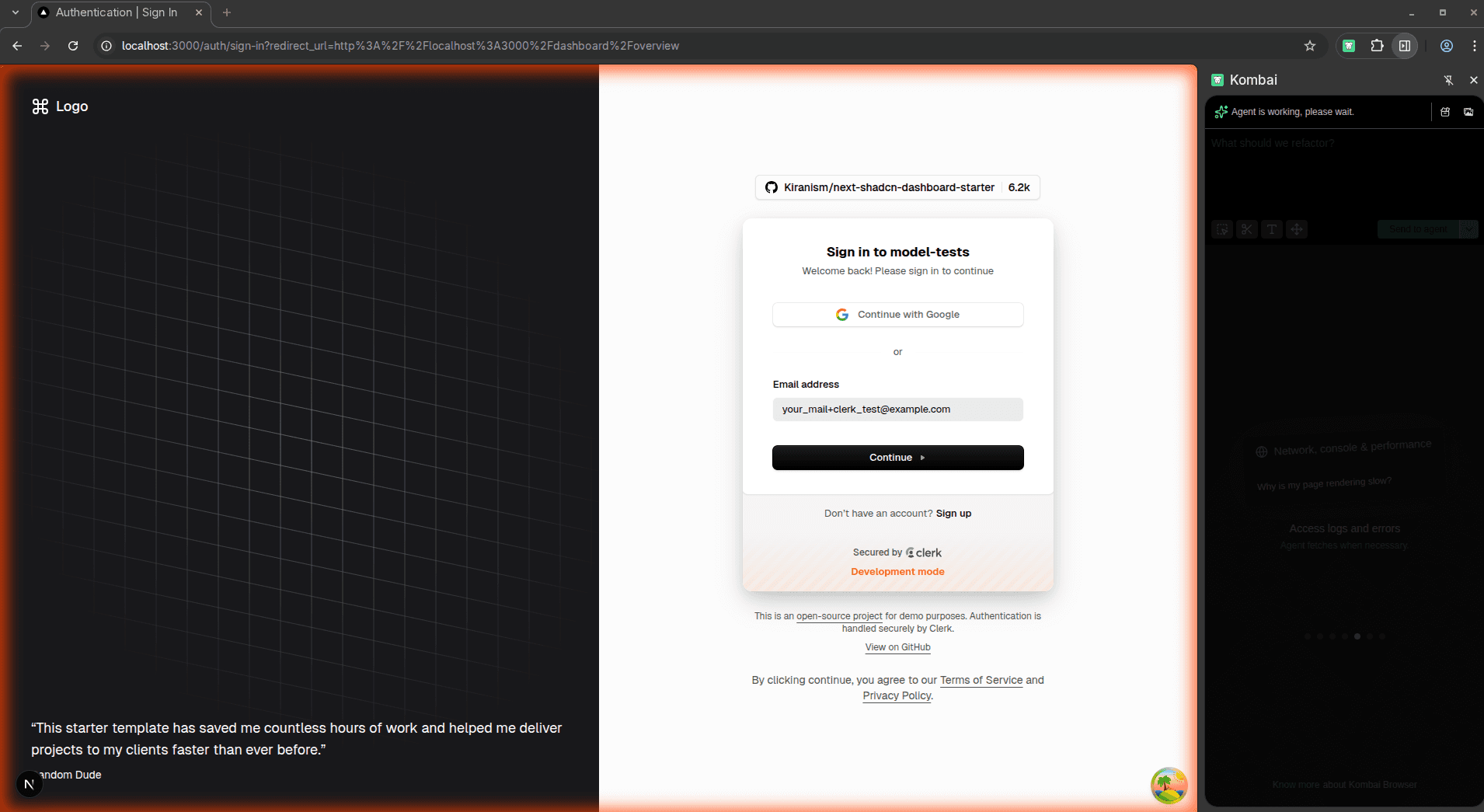 Kombai authentication problem in the test browser