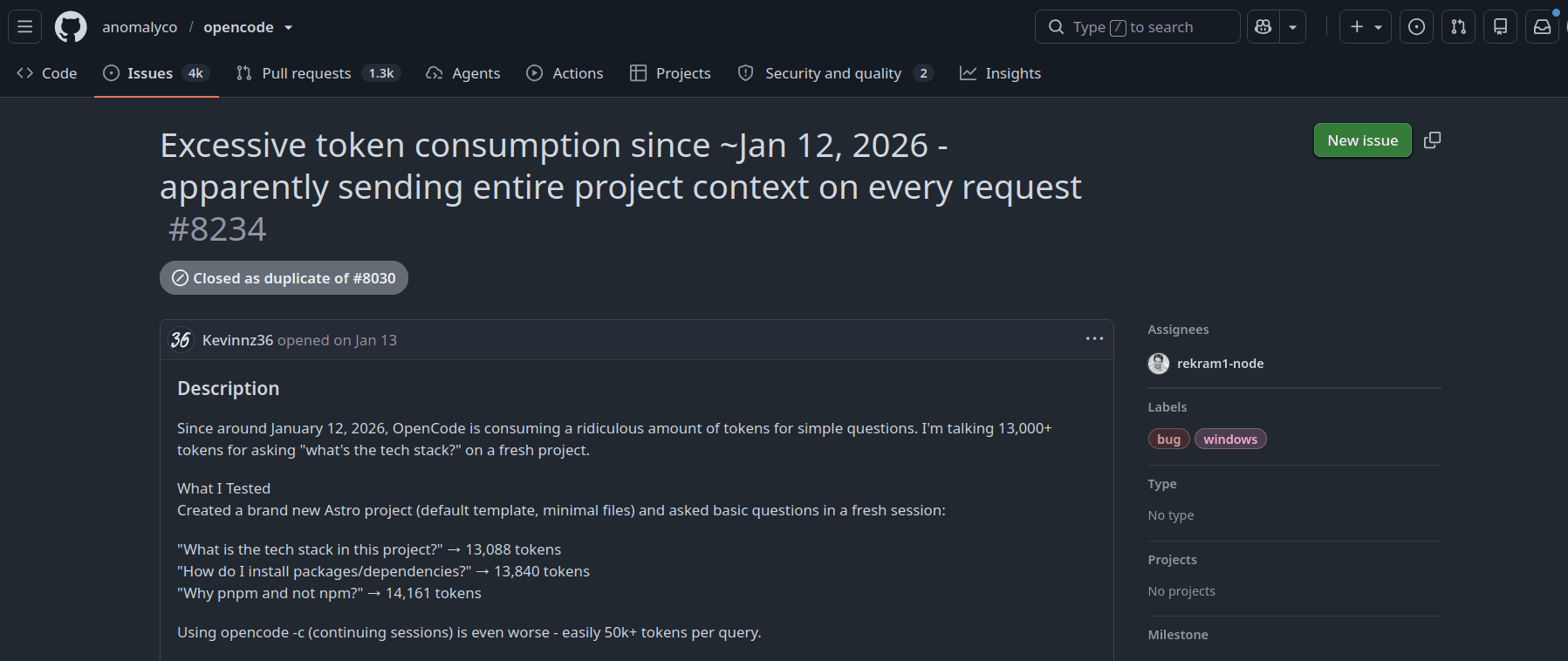 excessive token usage of opencode