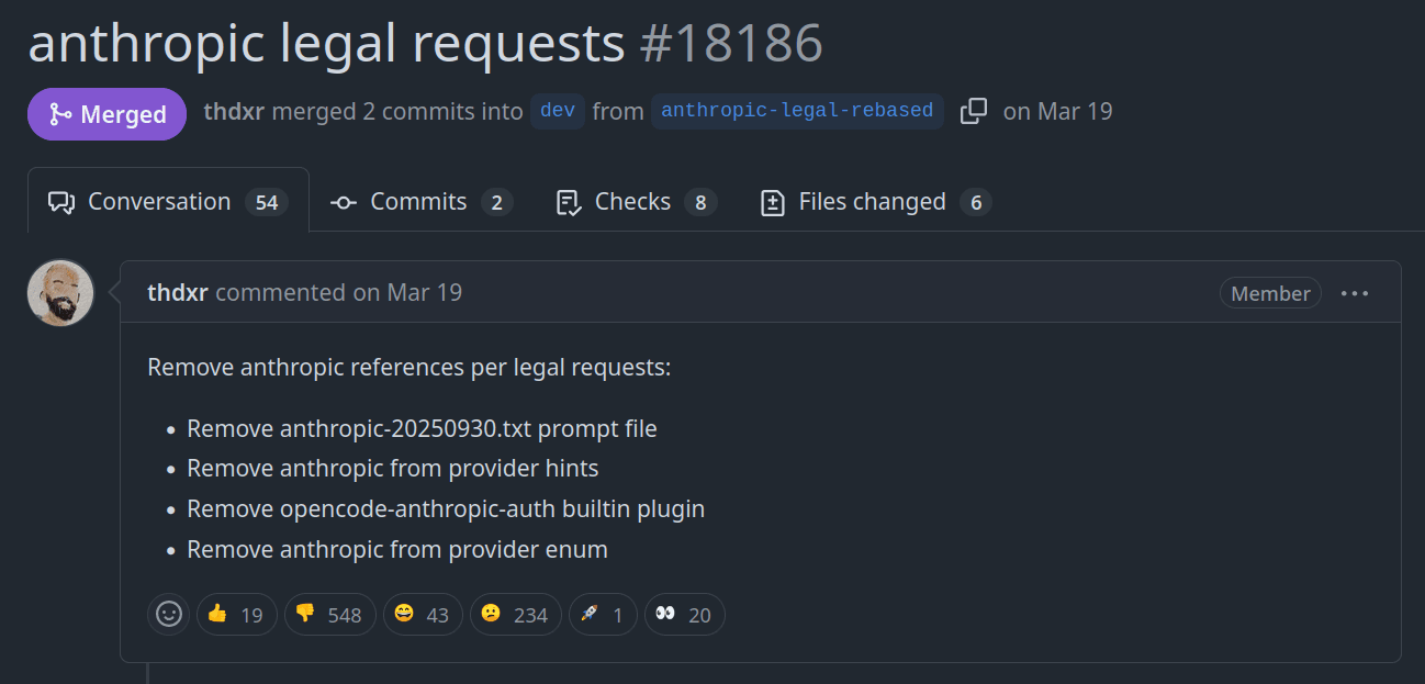 OpenCode PR removing anthropic oauth