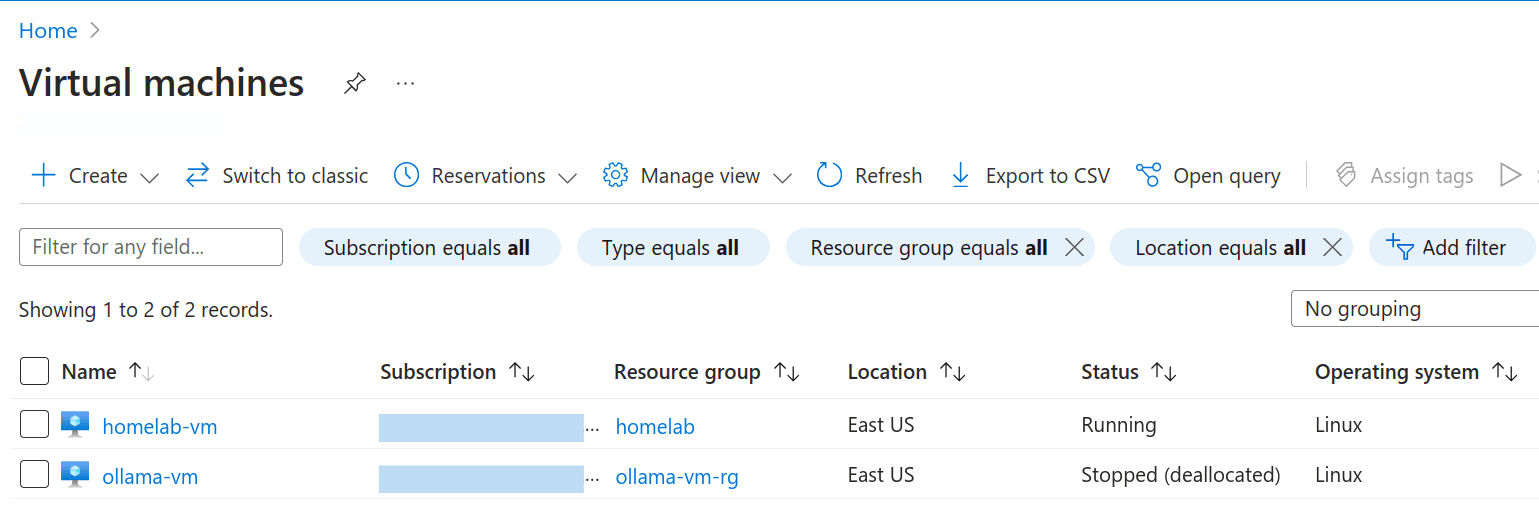 List of Virtual Machines on Azure.