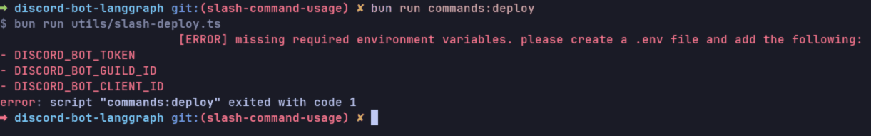 Command failed output for deploying slash command to Discord