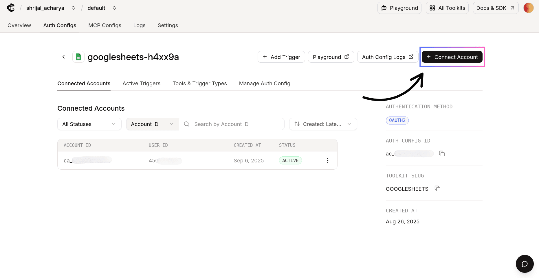 Google Sheets account connection button in Composio