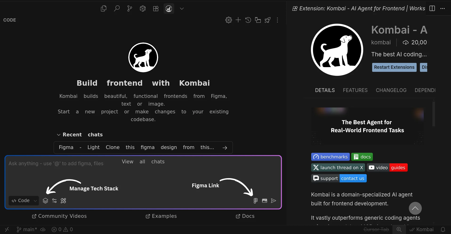 Kombai open inside the Cursor editor, highlighting the user interface
