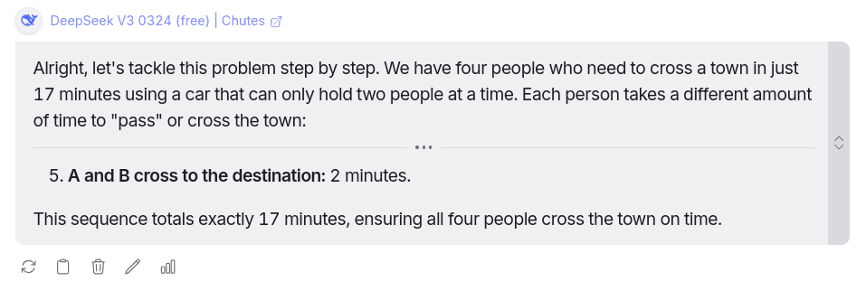 Reasoning question response from DeepSeek v3 0324 AI Model