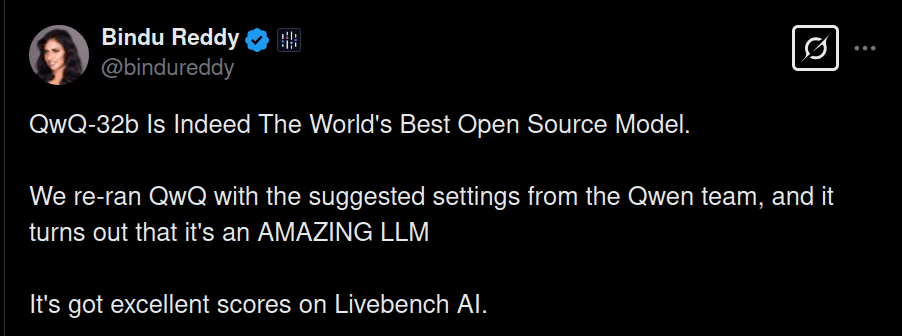 Tweet appreciating QwQ 32B Model