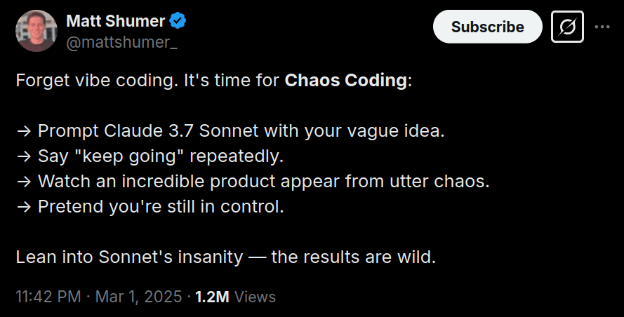 Tweet describing how better Claude 3.7 Sonnet model is at coding