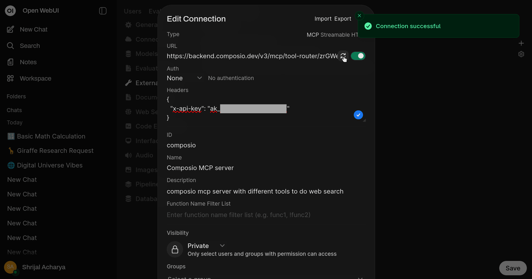 Composio connection successful Ollama WebUI