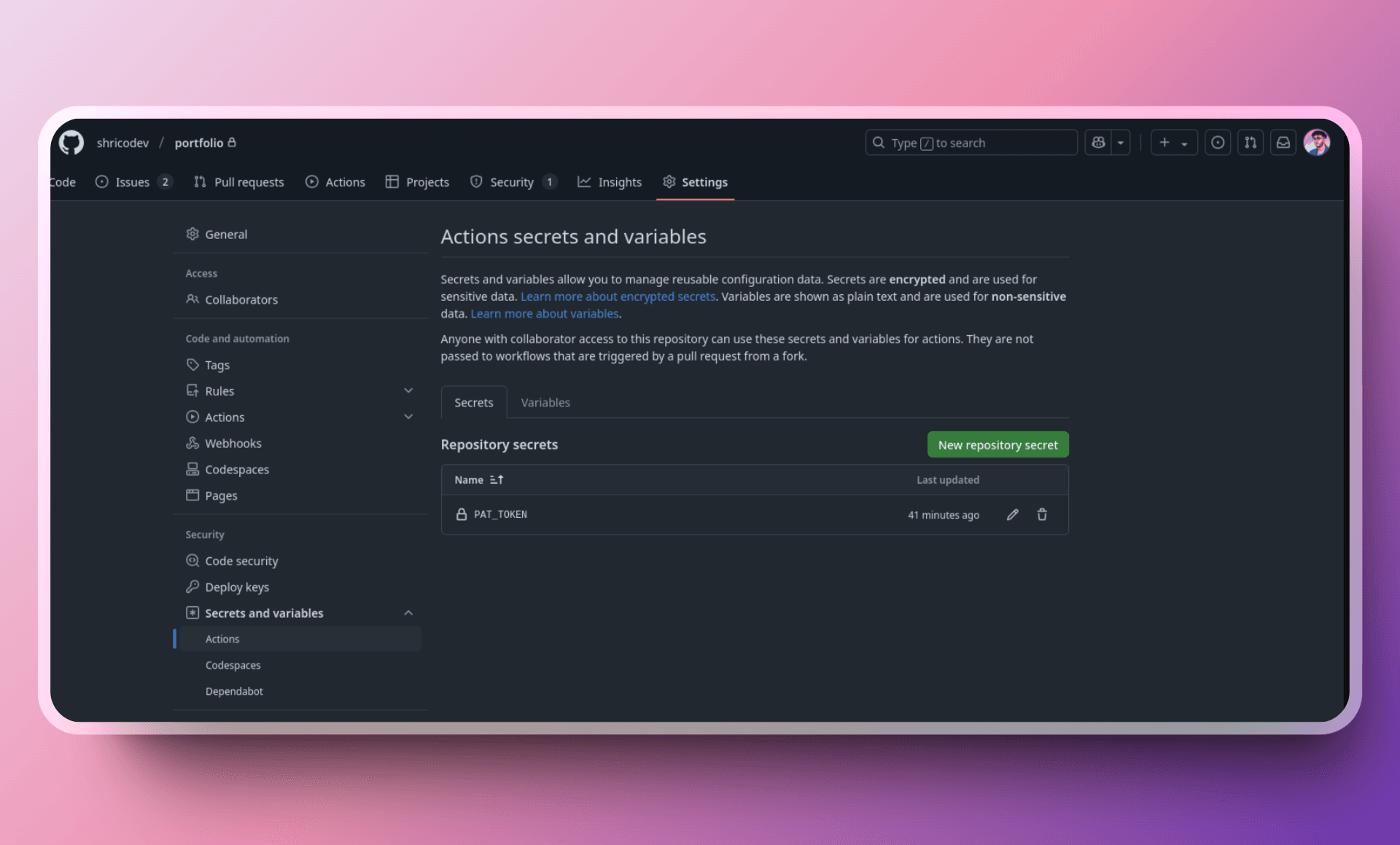 Adding GitHub repository PAT token