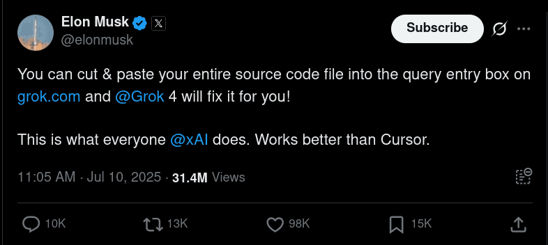 Elon Must claim on Grok 4 being better than Cursor