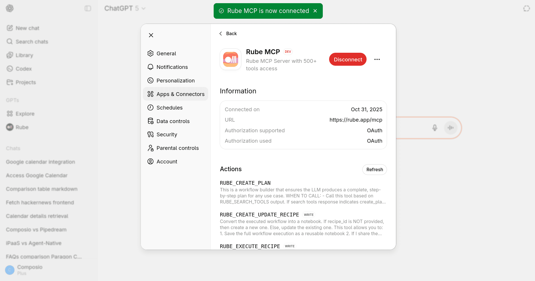 ChatGPT with Rube - Connection success