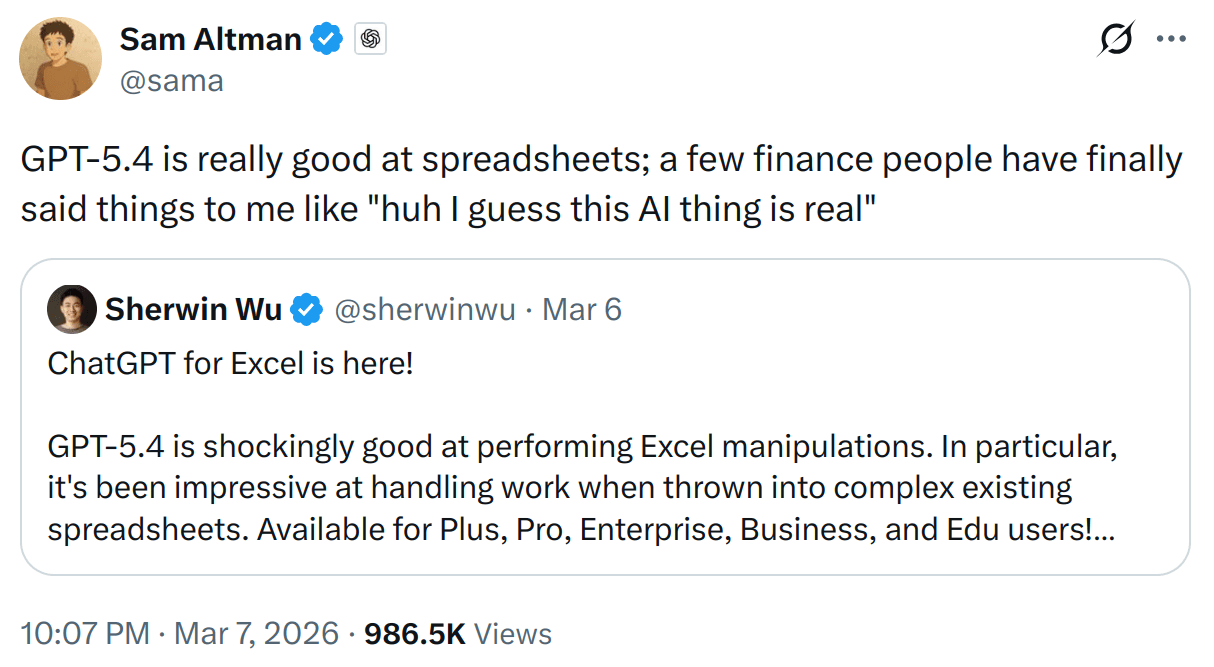 Sam Altman claiming the model is good at real life tasks like working with spreadsheets