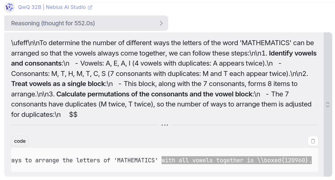 Mathematics question response from QwQ 32B model