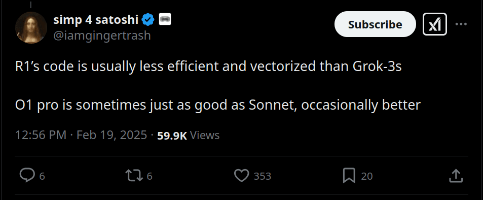 'simp 4 satoshi' tweet on AI Models comparison