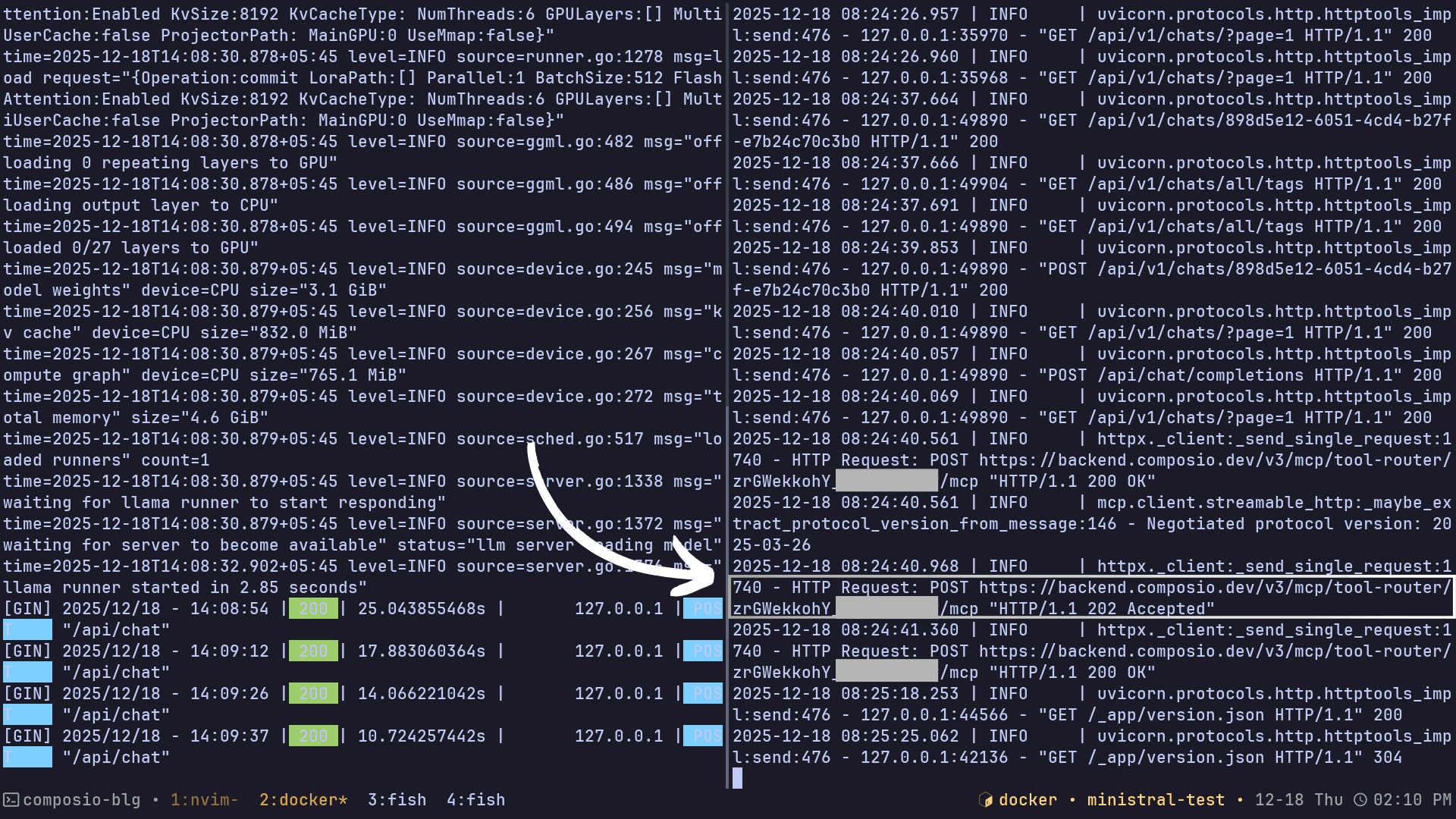 Docker log for a container