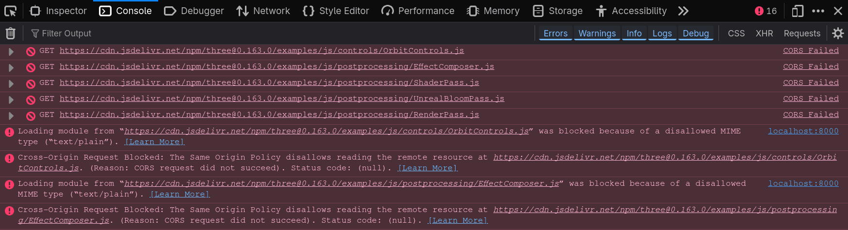 CORS console error with Three.js