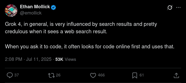 Tweet on the Grok 4 AI Model
