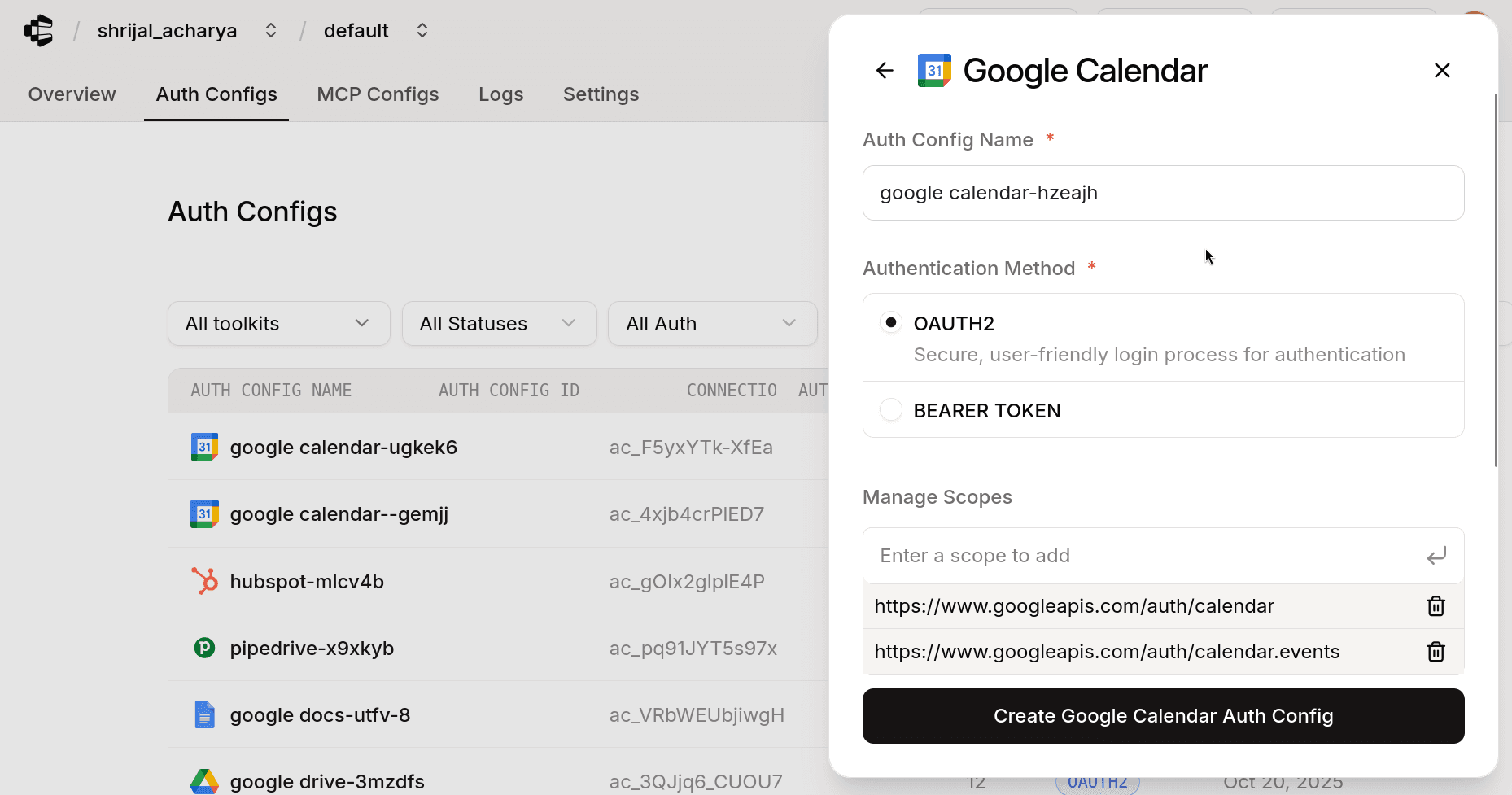 Composio Google Calendar Auth Config
