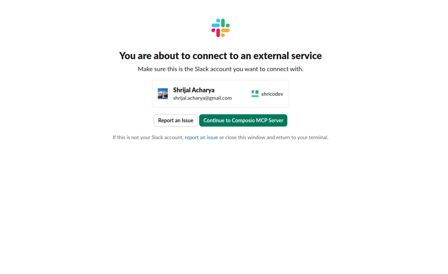 Slack connecting composio confirmation