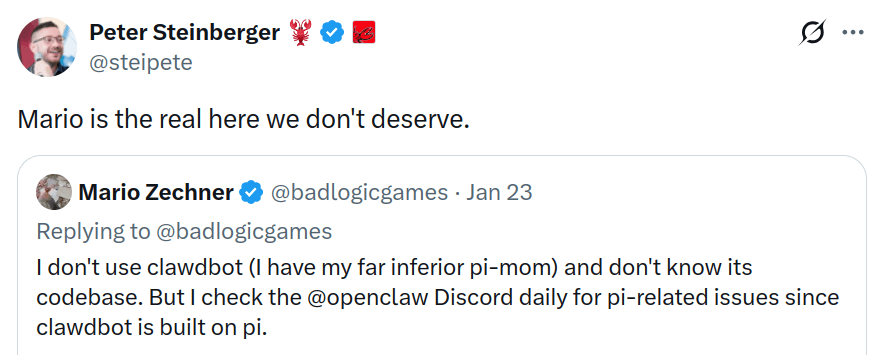 openclaw creator praising pi agent creator