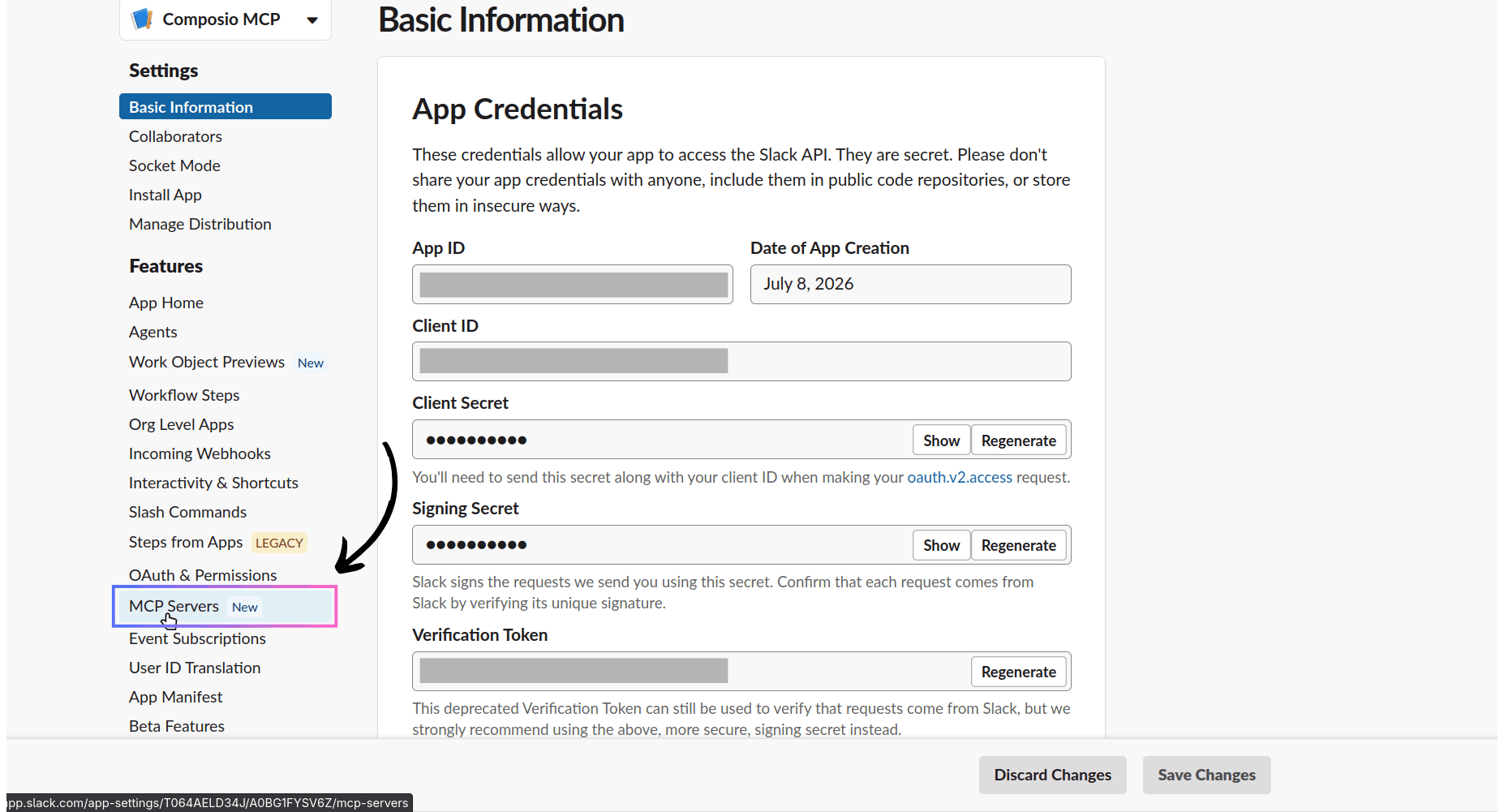 Slack MCP Servers button