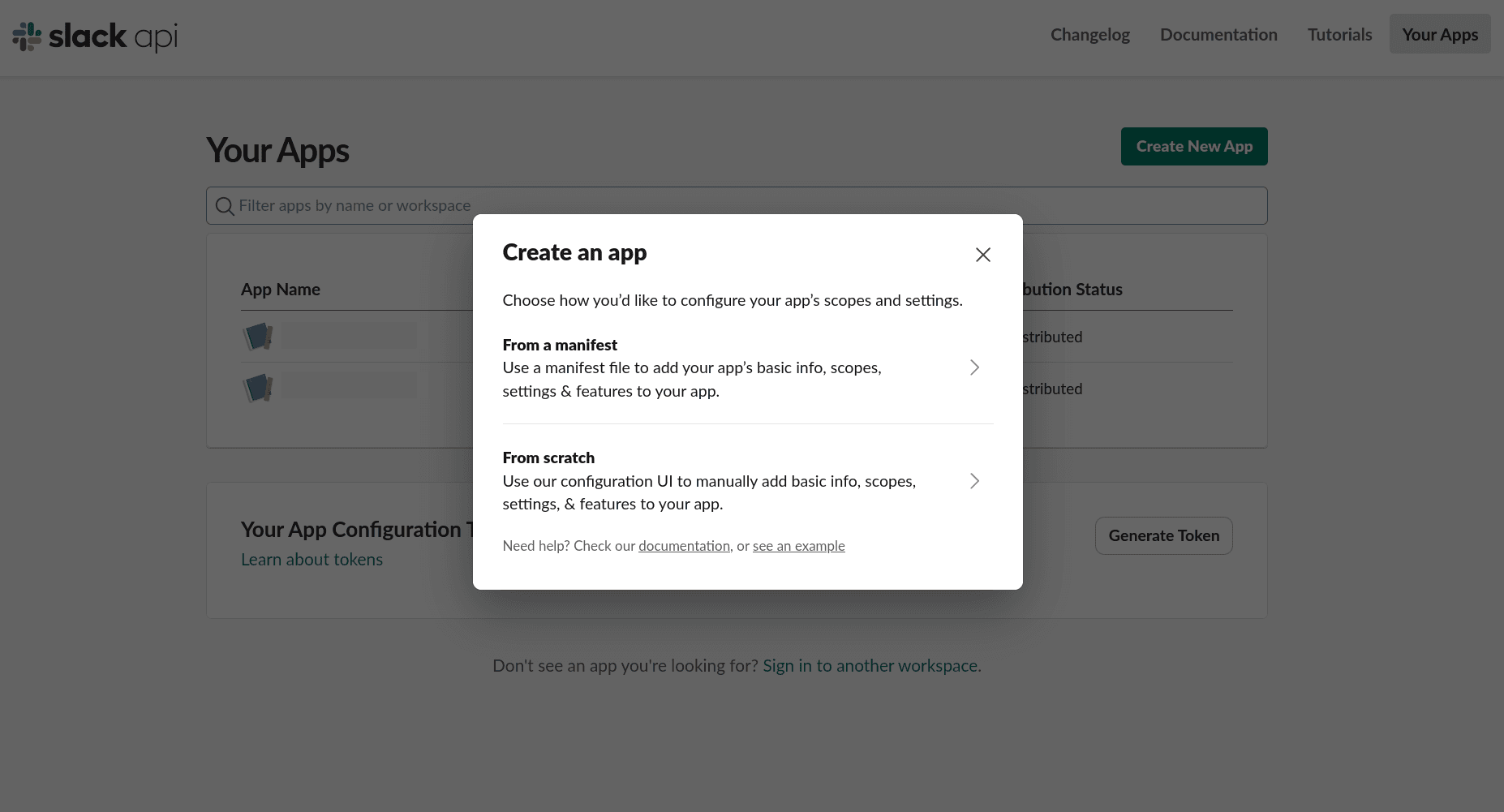 Slack new app creation